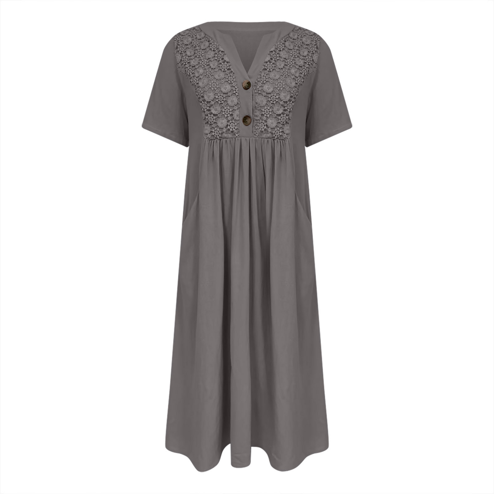 thumbnail image 4 of Vestido largo boho de manga corta con cuello en V y bolsillos para mujer: vestido de playa de poliéster con estampado floral para el verano, 4 of 5